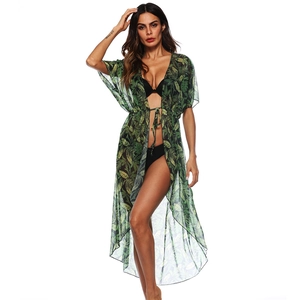 Women's tropical green leaf print beach cover up with drawstring tie and V-neckline