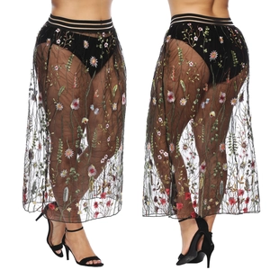Jupe Midi en Maille avec Broderie Florale pour Femmes Jupe Trapèze en Dentelle Transparente Taille Élastique Été