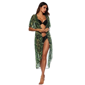 Women tropical palm leaf print sheer beach cover up cardigan with stylish long silhouette