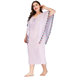 Robe Kaftan de Plage Bohémienne Grande Taille Femme Col en V Glands Colorés Ample Manches Chauve-souris Sortie de Plage Été