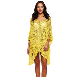Bright yellow crochet V-neck beach cover-up with hollow geometric knit and batwing sleeves