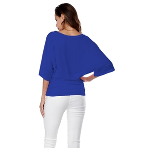 Detail of royal blue batwing short sleeve T-shirt with a loose V-neck fit for women