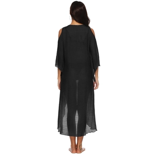 Elegant black sheer crochet patchwork beach cover-up dress with cold-shoulder detail