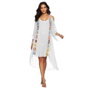 White boho beach cover-up dress with colorful crochet floral stripes and hi-low hem