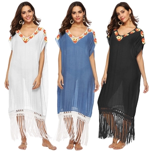 Women Bohemian Beach Cover-up Kaftan Dress V-Neck Crochet Tassel Loose Polyester Solid Summer Resort Vacation Long Sunscreen Dress