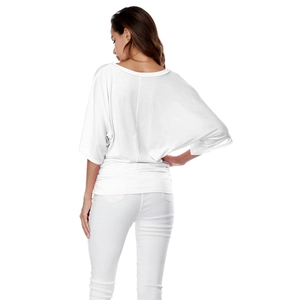 Back view of a white loose-fit batwing sleeve top made of breathable knit fabric
