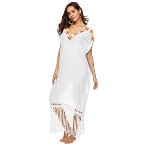 Bohemian white beach cover-up maxi dress with V-neck embroidery and long fringe hem