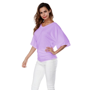 Detail of light purple V-neck T-shirt with batwing sleeves and side drawstring waist detail