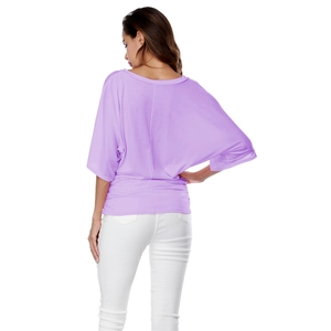 Rear view of lavender V-neck batwing sleeve top with pleated hem for a slim fit