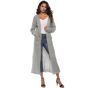 Women's long light grey knit cardigan with open front and pockets in casual loose fit