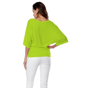 Detailed side view of loose-fit bright green batwing sleeve top with elegant draping detail