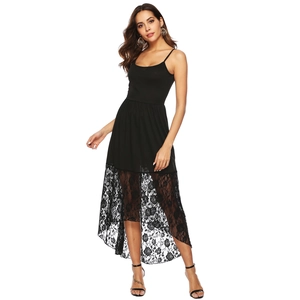 Sexy black sleeveless dress with lace patchwork and an asymmetrical hem for women