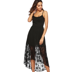 Sexy black strap dress with lace patchwork and asymmetrical hem for women in summer