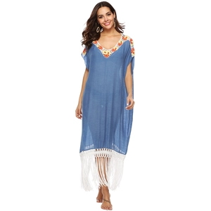 Sky blue bohemian beach cover-up maxi dress with crochet neckline and long white tassels