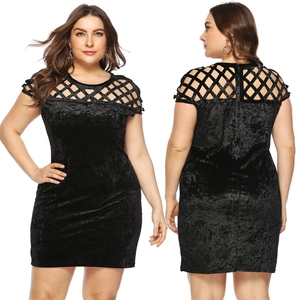 Front and back detail of plus size black velvet dress with cutout neckline and slim fit design