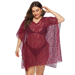 Women's plus size wine red V-neck lace bikini cover up with loose floral embroidery