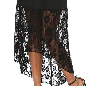 Detailed view of the high-low hem featuring exquisite floral rose lace stitching