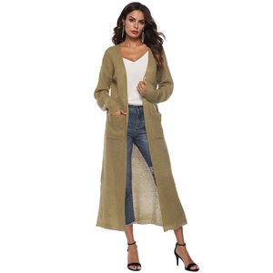 Detailed knit texture and side pockets of olive green long open front cardigan
