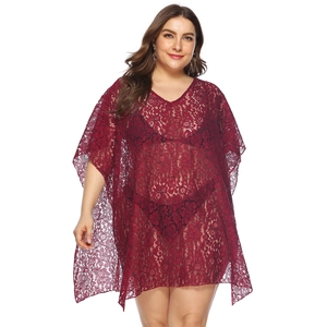 Women Plus Size Wine Red Lace V-Neck Beach Cover-Up Hollow Out Floral Crochet Batwing Sleeve Loose Bikini Swimwear Smock