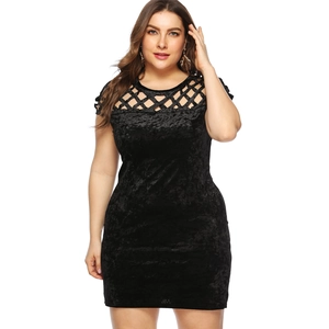 Detail view of the velvet bodycon dress featuring a cutout neckline and short sleeves