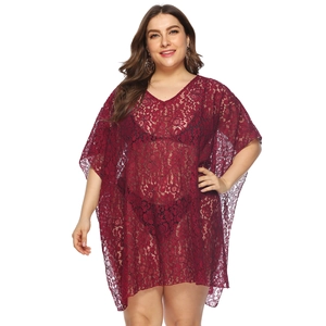 Burgundy lace V-neck bikini cover-up with loose batwing sleeves and floral pattern