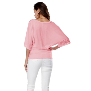 Rear view of pink batwing sleeve top with vertical seam and gathered hem design