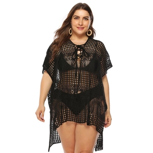 Women's Hollow Crochet Beach Cover Up Polyester Knit V Neck Lace Up Plus Size Loose Batwing Sleeve Vacation Summer Shirt
