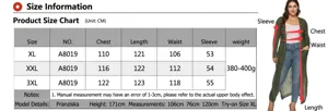 Size chart for women's plus size long acrylic cardigan with chest and length measurements