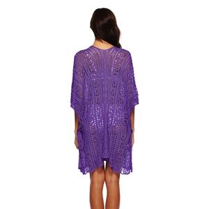 Detailed back view of purple crochet beach cover-up with intricate geometric cut-outs