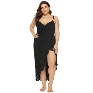 Plus size black wrap beach cover-up dress with thin straps and laser-cut lace hem