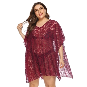 Burgundy lace V-neck plus size beach cover-up with hollow floral patterns and batwing sleeves