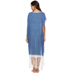 Sky blue bohemian beach cover-up dress with wide batwing sleeves and white tassel fringe