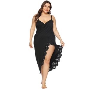 Plus size black laser-cut hem beach dress with spaghetti straps and wrap design