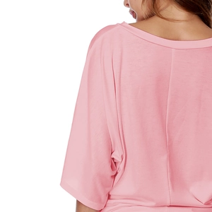 Close-up of pink V-neck t-shirt back showing quality stitching and batwing sleeve detail