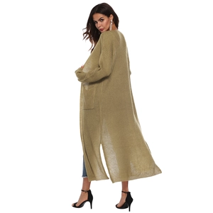 Detailed knit texture and side slit design of a long khaki knit cardigan for women