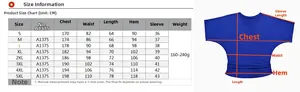 Detailed size guide table for women's V-neck loose fit batwing sleeve t-shirt tops