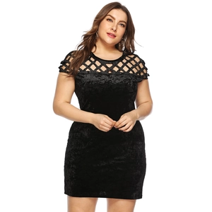 Women Plus Size Black Velvet Midi Dress Sexy Hollow Out Lattice Neck Short Sleeve Bodycon Party Club Dress