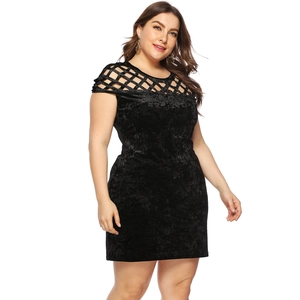 Plus size black velvet bodycon dress with hollow lattice cutout and short sleeves