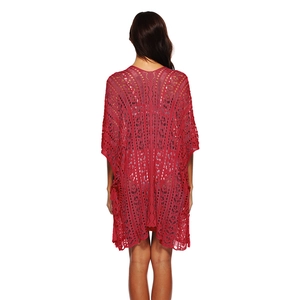 Women's burgundy hollow out crochet V-neck beach cover up with stylish batwing sleeves