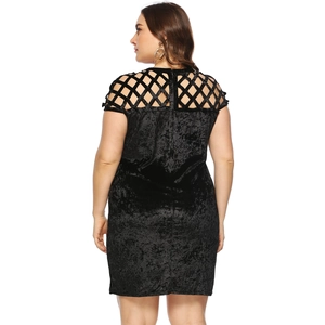 Plus size black velvet short dress with hollow mesh shoulder design and slim fit cut