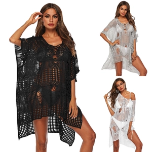 Women Sexy V Neck Crochet Beach Cover Up Cut Out Knit Solid Color Irregular Hem Loose Bikini Smock Top For Summer Vacation