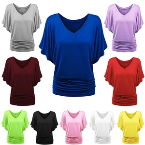 Women Sexy V Neck Batwing Short Sleeve T-Shirt Loose Casual Ruched Hem Solid Color Cotton Blend Summer Top