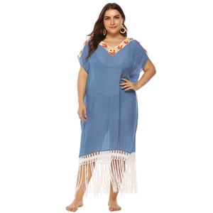 Plus-size blue boho beach dress with crochet V-neck embroidery and fringe hem details