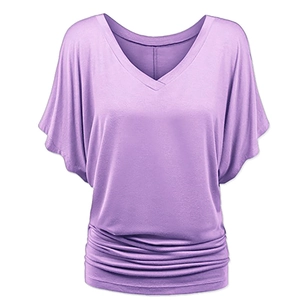 Women's light purple V-neck T-shirt with batwing sleeves and pleated hem detail