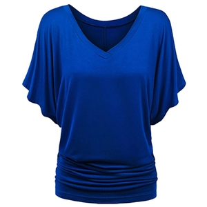 Royal blue V-neck T-shirt with loose dolman sleeves and ruched hem design for women