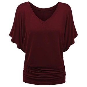 Women's burgundy V-neck batwing short sleeve casual loose top with ruched waist detail