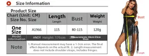 Size chart for backless crochet beach cover-up with measurements and model details