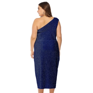 Elegant plus size one shoulder navy blue bodycon dress with shimmering glitter finish