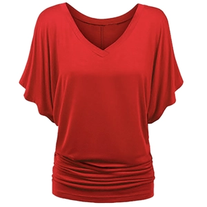 Red V-neck short sleeve T-shirt with dolman sleeves and stylish gathered hem detail