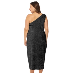 Close-up of black shimmering fabric on a one-shoulder bodycon slit evening dress